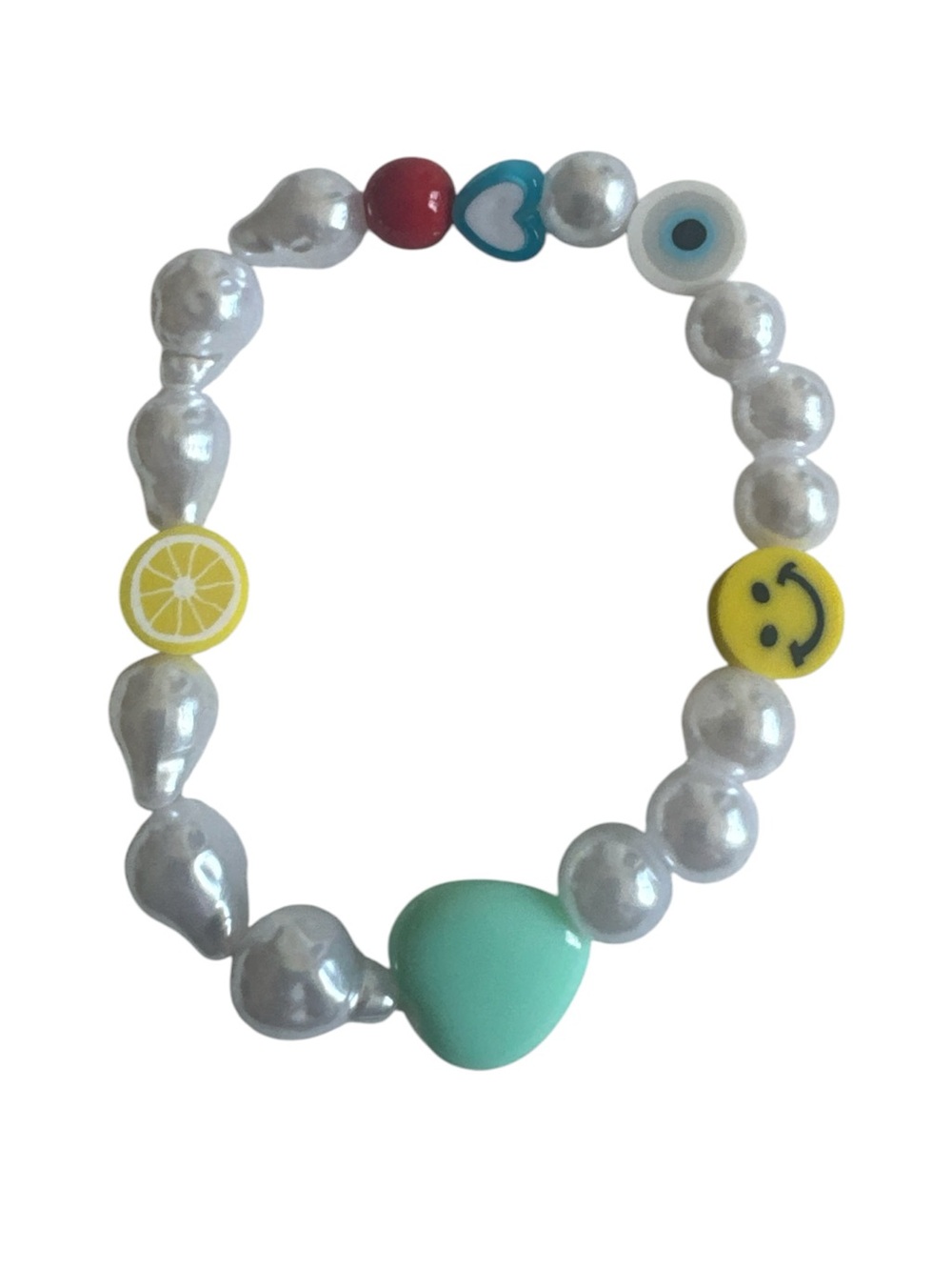 WOMEN’S Pearl Bead Stretch Bracelet with Mint Heart & Colorful Charms